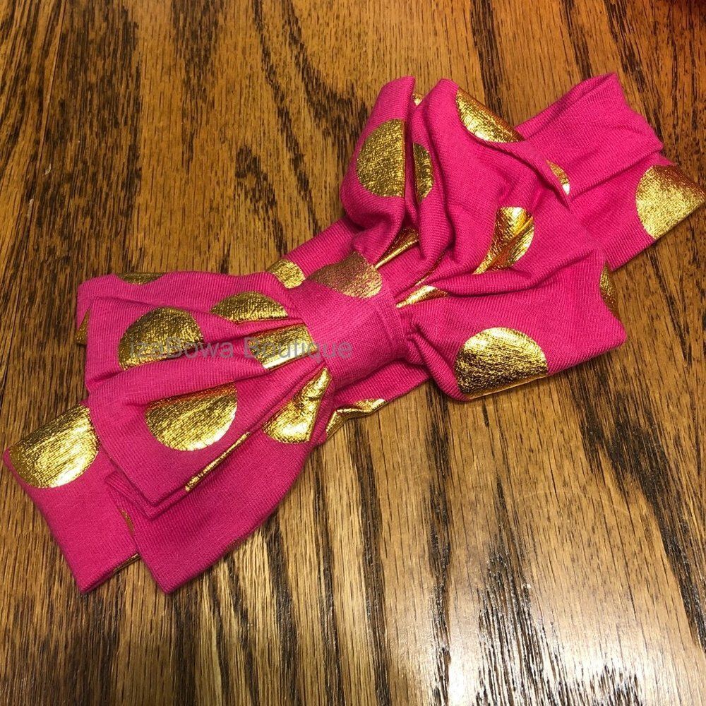 Hot Pink & Gold Dot Bow Tie Cotton Big Bow Headband  (2)  HPGPDHB  Handmade NWT
